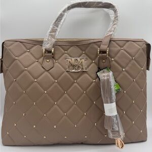 Badgley Mischka Quilted Vegan Leather Tote – Taupe Studded Laptop Work
